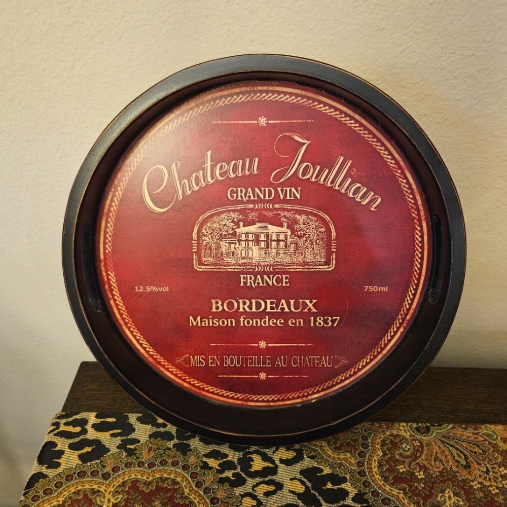 NWT Chateau Joullian Grand Vin Round Wooden Tray With Handles